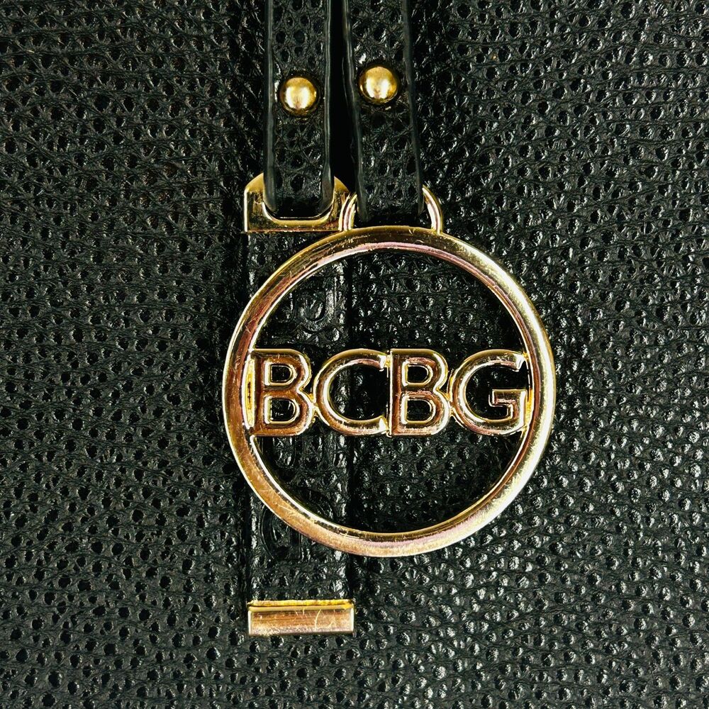 BCBG Reversible Tote Bag Textured Faux Leather Black Brown Gold Logo Charm - Picture 2 of 13